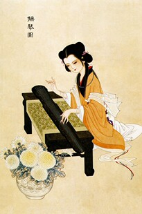 印花 DMC纯棉绣线十字绣 古代美女 古画人物 古筝仕女抚琴图