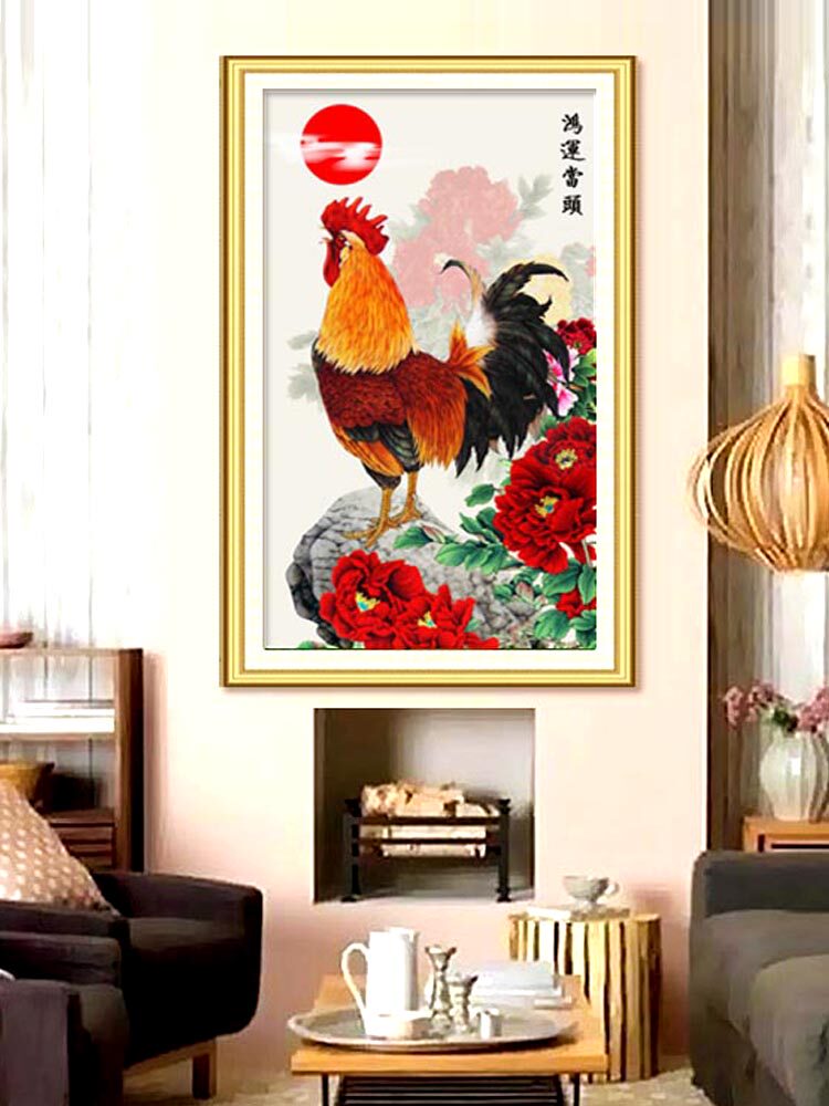 印花包邮法国dmc十字绣套件 客厅玄关餐厅竖版公鸡新中式鸿运当头