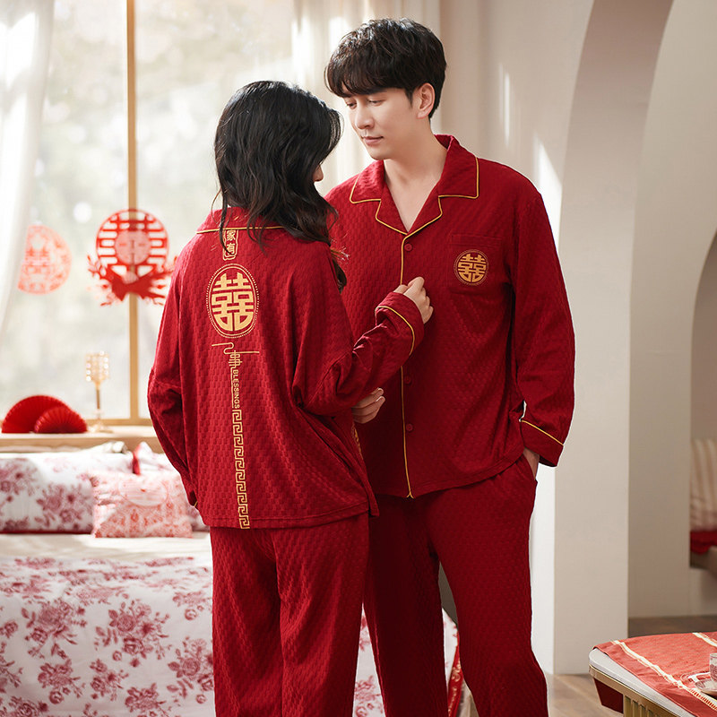 신혼 여성 잠옷 웨딩 커플 세트 순면 봄 가을 남성 붉은 띠 긴팔 겨울 가정복
