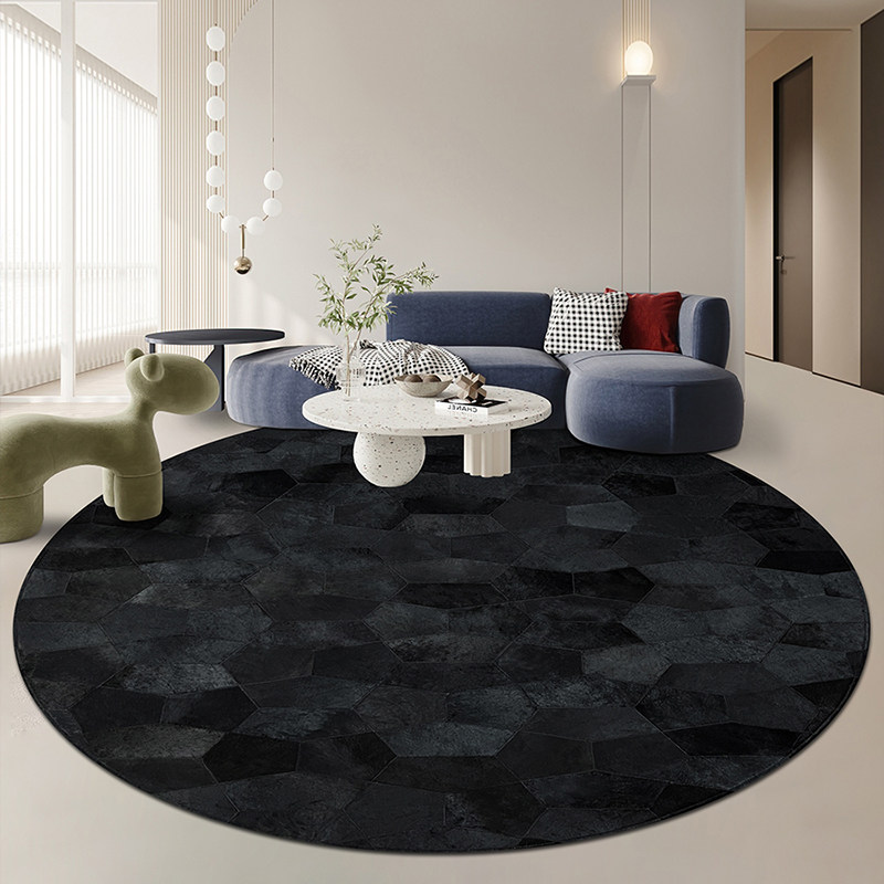 后现代进口黑色圆形地毯纯黑色牛皮暗黑系买手潮牌地毯全黑高级2y