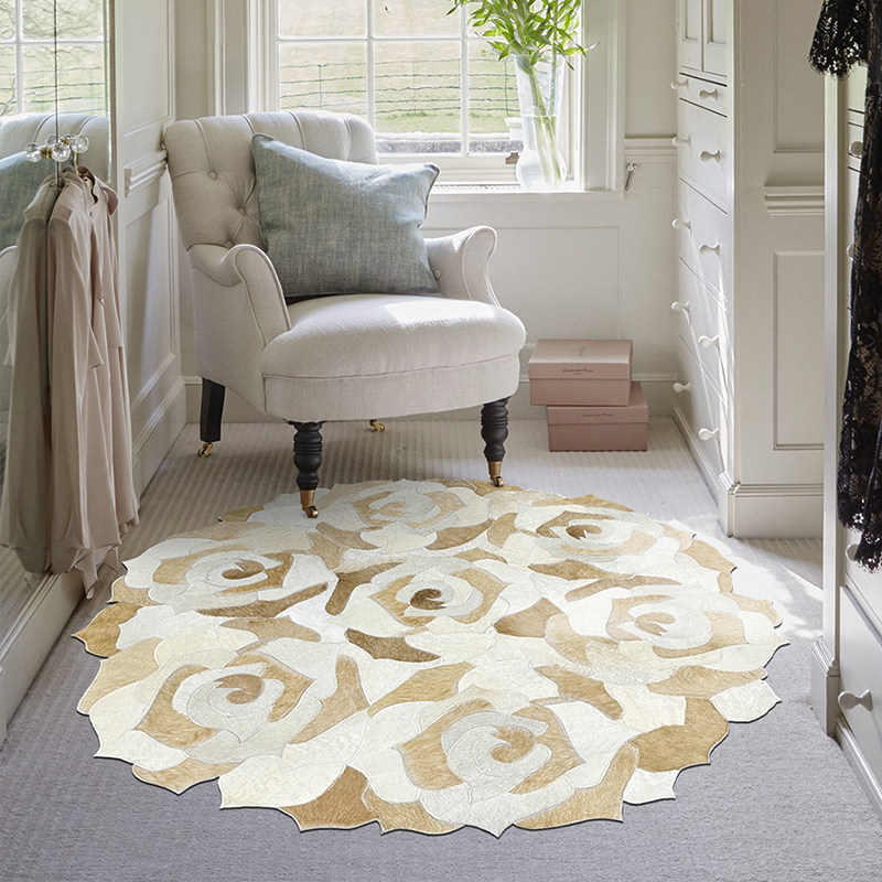 白色玫瑰花型书房地毯轻奢圆形毯转椅垫香槟色米色衣帽间地毯2l