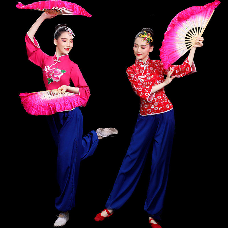 新款胶州秧歌服东北大花布广场舞扇子舞秧歌队演出服腰鼓打鼓服装