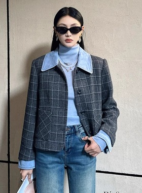 DI-SUI迪素正品2025秋冬新品女装35526撞布领羊毛灰格时尚外套