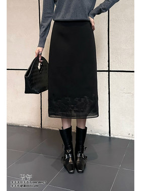 DI-SUI迪素正品2025秋冬新品女装31509羊毛拼接网纱开衩A字半身长