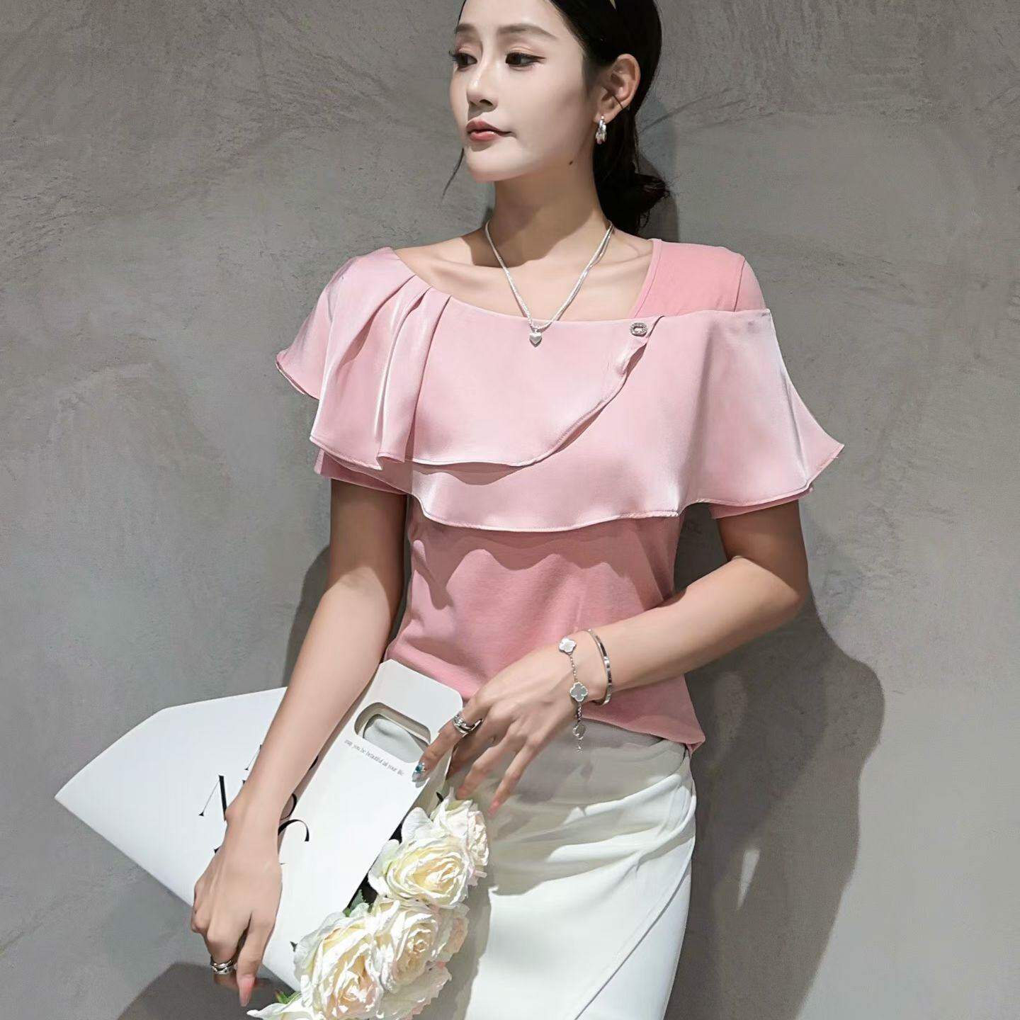 现货欧货正品LY女装2026春夏季3053风荷叶边斜肩雪纺衫女显瘦上衣