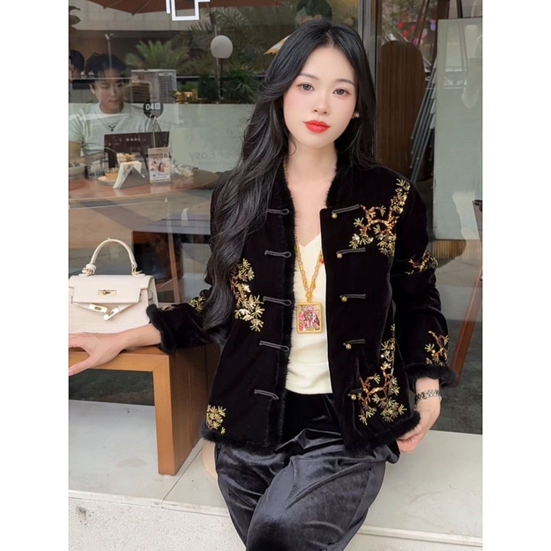 新中式国风秋冬季丝绒亮片钉珠棉服外套女装气质百搭加厚保暖棉衣