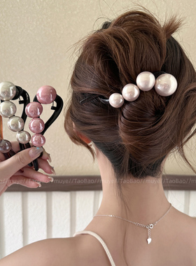 简约大号珍珠一字发夹女2025新款后脑勺高级感抓夹扭扭夹气质头饰