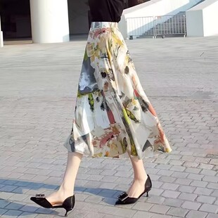 2025夏季新款油画印花雪纺半身裙女宽松大码气质显瘦中长裙a字裙