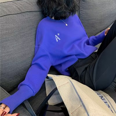 2025秋冬季新款加厚加绒圆领卫衣女宽松休闲慵懒风百搭长袖上衣