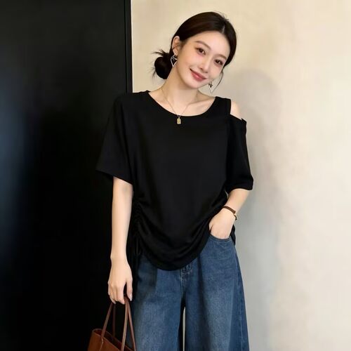 2026夏季新款胖mm吊带黑色短袖t恤女设计感绝美正肩遮肚休闲上衣