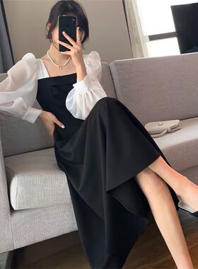 2026秋季新款拼接黑色连衣裙女宽松显瘦长袖小黑裙超仙A字裙长裙