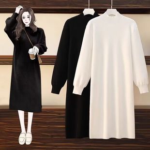 2023秋冬新款黑色大码德绒连衣裙女半高领遮肚长裙修身长袖打底裙