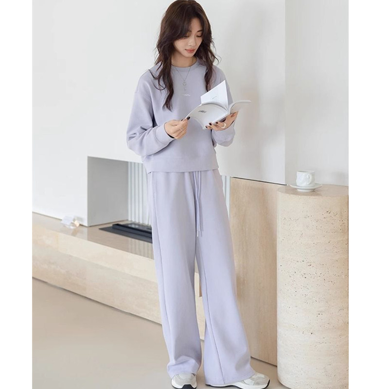 纯棉2024春秋新款休闲运动套装女长袖短款卫衣阔腿裤时尚两件套