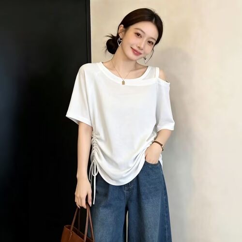 2026夏季新款胖mm吊带白色短袖t恤女设计感绝美正肩遮肚休闲上衣