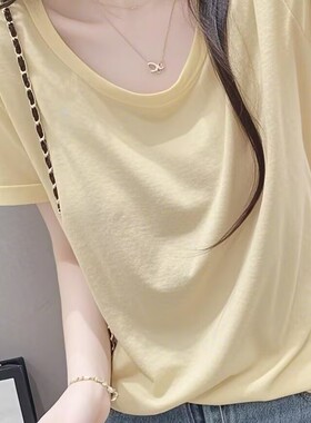2026夏季新款浅黄色圆领雪花棉短袖t恤女宽松大码休闲冰凉感上衣