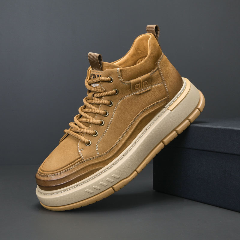 2025秋冬新款男士休闲皮鞋高帮真皮厚底户外工装鞋加绒保暖棉鞋子