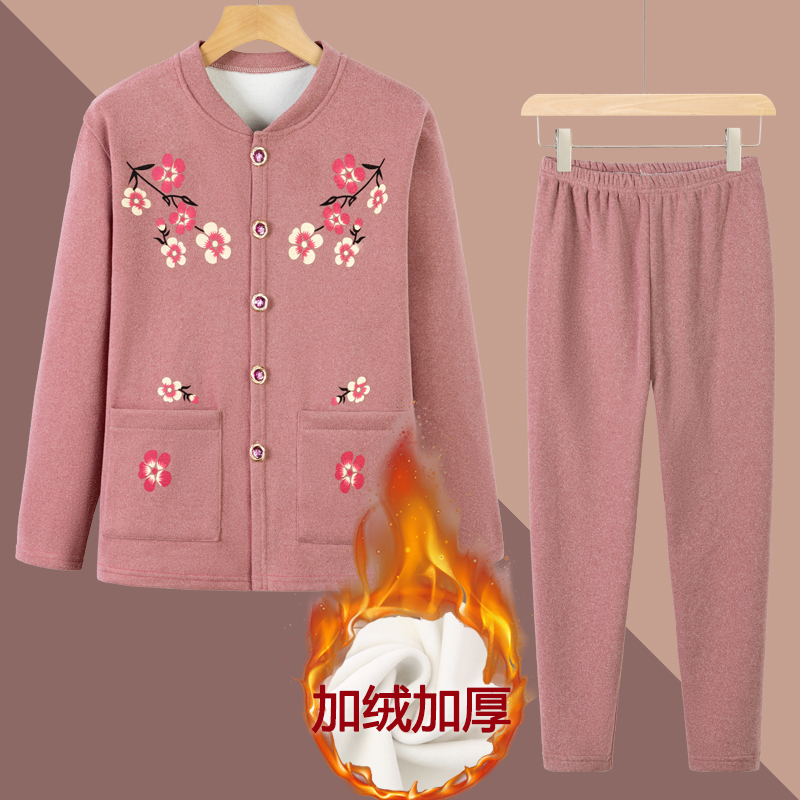 老年人秋冬睡衣开衫套装女奶奶加绒加厚保暖内衣两件套妈妈居家服