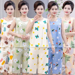人造棉家居服薄款 夏季 背心睡衣两件套中老年妈妈装 套装 女棉绸无袖