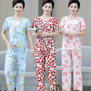 睡衣夏季女纯棉短袖薄款棉绸中年中老年人妈妈家居服外穿夏天套装