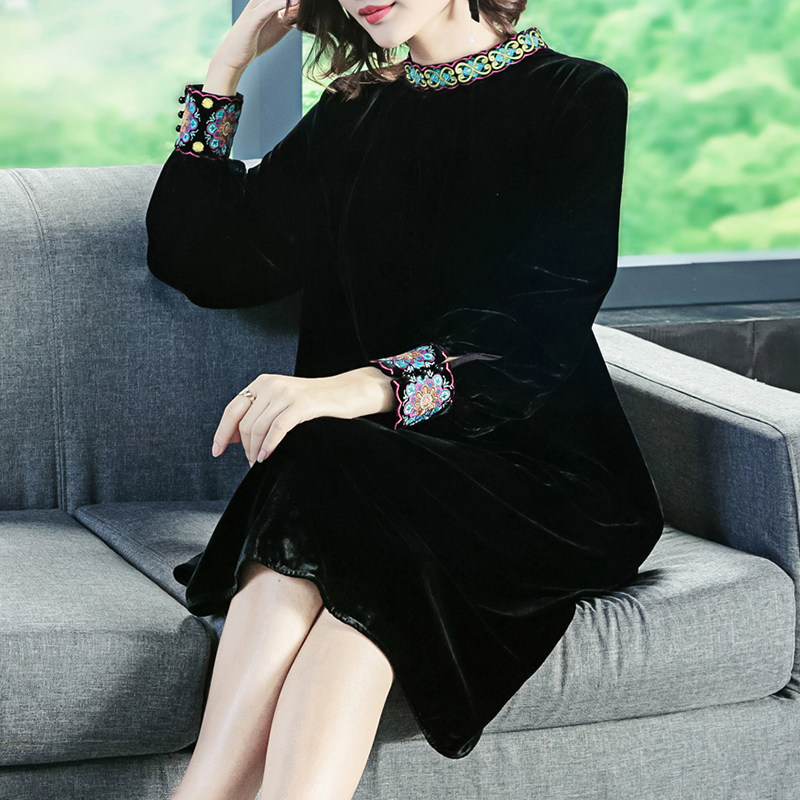 高端秋装金丝绒2020年新款真丝桑蚕丝中国风丝绒改良版旗袍连衣裙