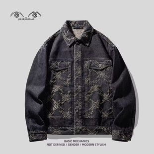 夹克潮 宽松休闲工装 美式 复古水洗重工提花斜纹牛仔外套男秋季