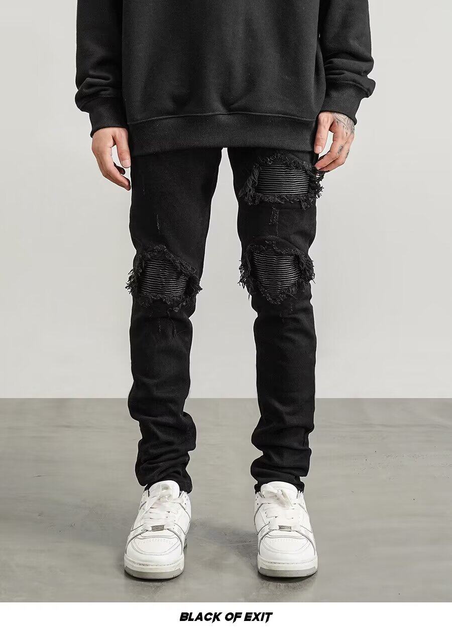 JCAAR高街黑色假破洞补丁拼接机车牛仔裤男修身小脚vibe裤子潮ins