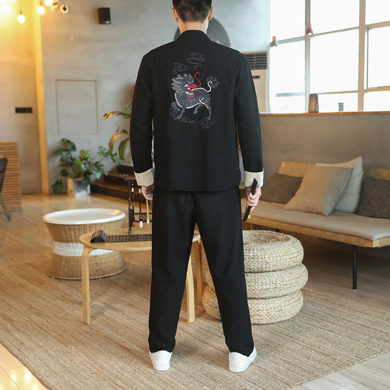 现货春夏风棉麻仙鹤麒麟刺绣大码上衣套装B370-TZ80P80,男装休闲套装,电商B370-A