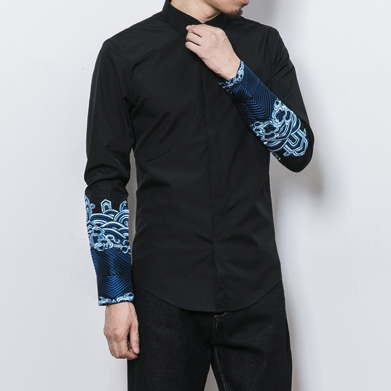 常年款秋冬季风刺绣立领复古衬衫可加厚内搭上衣B370-CS02P70，男装衬衫，电商B370-A