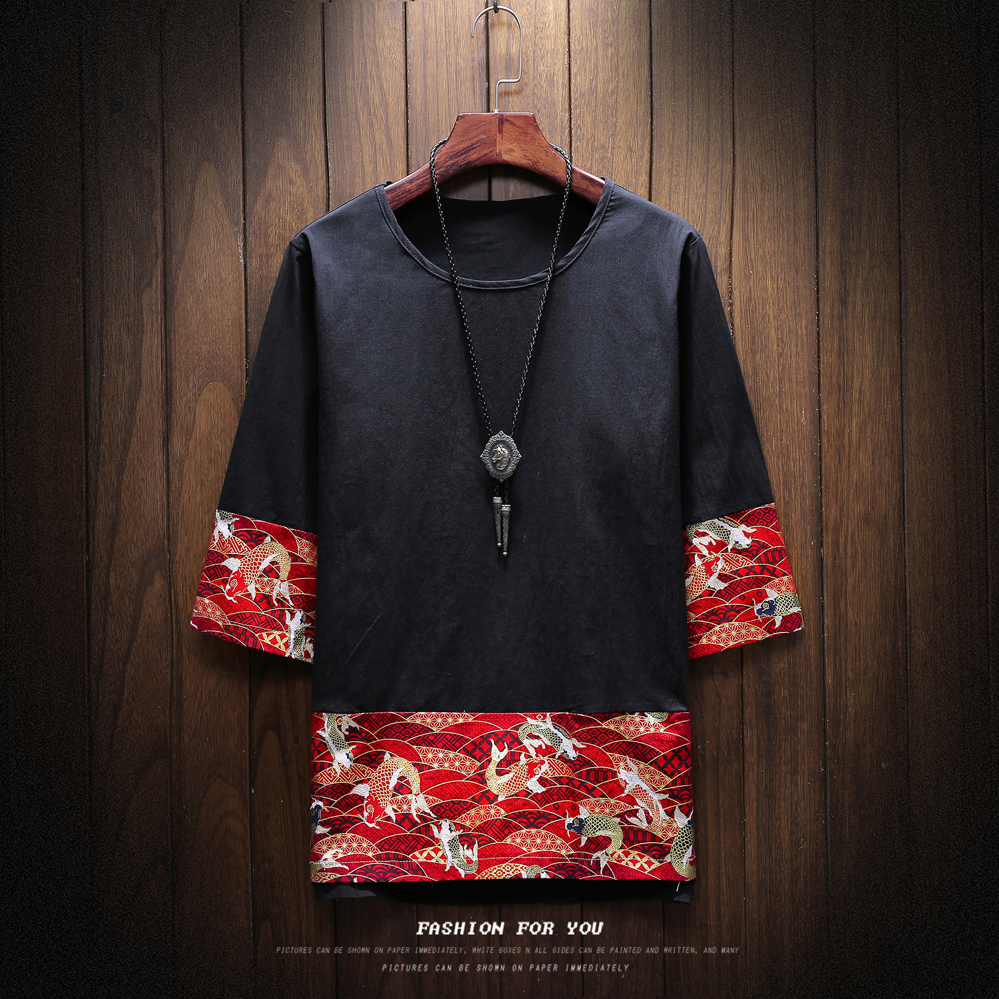 常年款风春夏季海浪鲤鱼印花T恤棉麻上衣圆领短袖B370-T90P45，男装T恤，电商B370-A