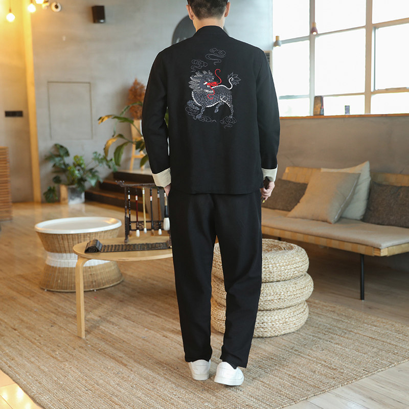 常年款春夏秋风棉麻仙鹤麒麟刺绣大码上衣套装b370-TZ80P70,男装休闲套装,电商B370-A