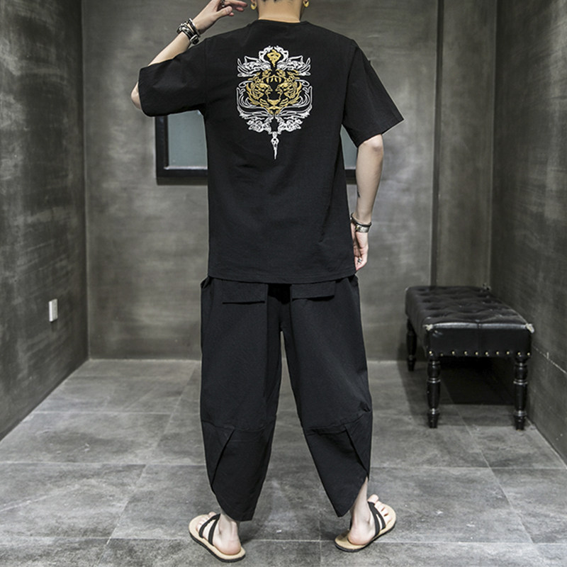 常年款春夏秋季风刺绣套装棉麻T恤短袖七分裤B370-TZ41P50,男装牛仔裤,电商B370-A