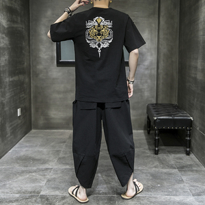 常年款春夏秋季风刺绣套装棉麻T恤短袖七分裤B370-TZ41P50图片