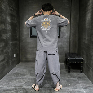 常年款春夏秋季风刺绣套装棉麻T恤短袖七分裤B370-TZ41P50图片