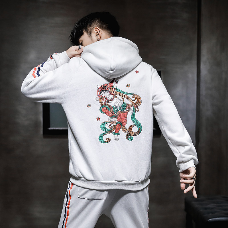 秋冬季日系风粹敦煌刺绣套装连帽上衣宽松B370-TZ22特批P60,男装休闲套装,电商B370-A