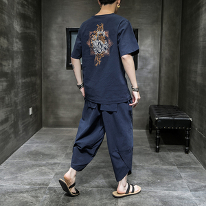 常年款春夏秋季风刺绣套装棉麻T恤短袖七分裤B370-TZ42P50