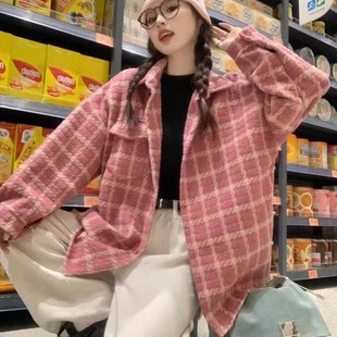 韩版冬oversize复古单口袋廓形格子毛呢衬衫原宿风百搭呢子外套女