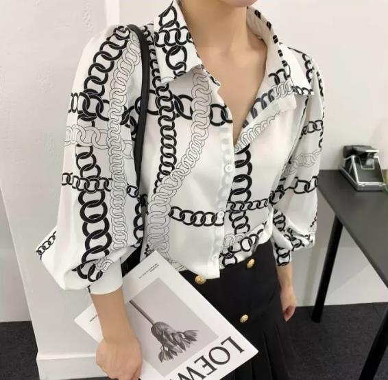韩版春季上衣链条印花宽松衬衫时尚长袖设计感百搭上衣chic衬衣潮