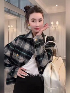 韩版秋冬毛呢格子双口袋休闲设计感衬衫宽松百搭衬衣呢子外套女春