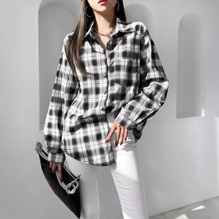 韩版夏季烫钻格子衬衫时尚设计感宽松复古外套女长袖原宿风衬衣潮