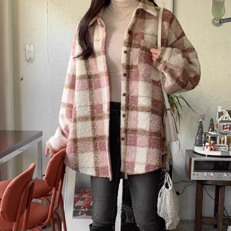 韩版秋冬羊羔毛衬衫中长款翻领撞色圈圈毛外套宽松格子毛呢大衣女