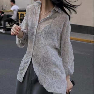 韩版夏季印压花薄款防晒衣衬衫原宿风休闲设计感百搭外套女衬衣潮