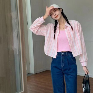 韩版春季短款条纹衬衫长袖小众休闲小衫女原宿风宽松百搭休闲衬衣