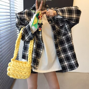 韩版冬季复古毛呢格子衬衫双口袋设计感长袖chic宽松衬衣外套女潮