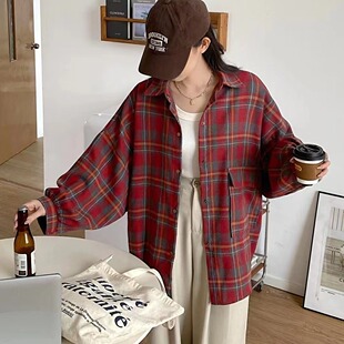 韩版春秋复古磨毛格子衬衫原宿风大版设计感长袖大口袋衬衣女外套