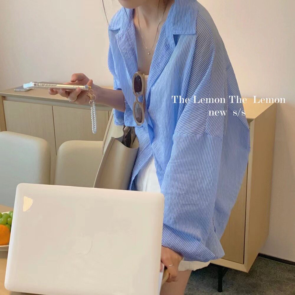 韩版春夏港味休闲宽松薄款防晒衫外套松慵懒细条纹长袖衬衫上衣女