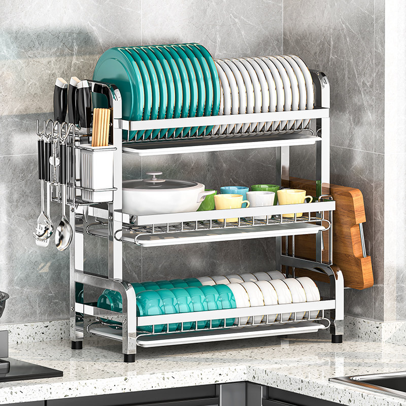 不锈钢厨房碗碟架沥水收纳架刀架多功能台面放碗筷盘置物架子碗柜