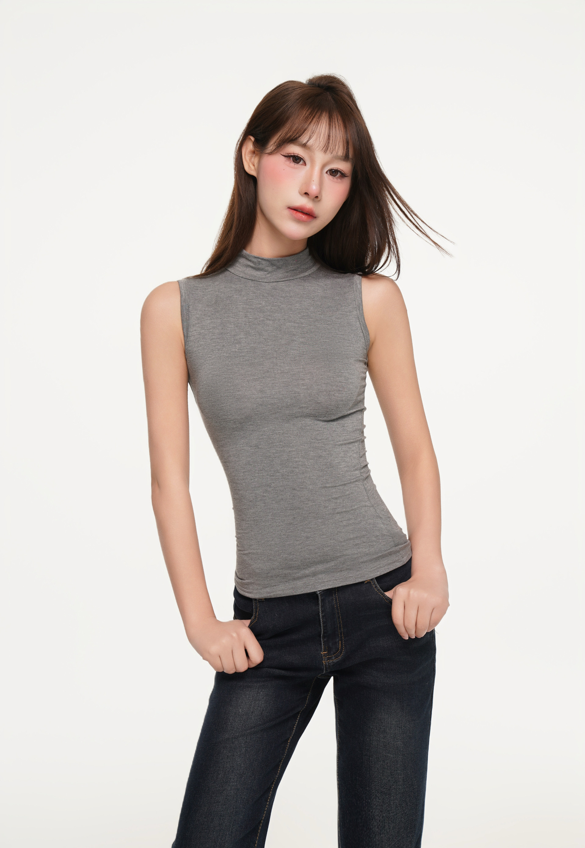 AWMUMU纯欲风辣妹半高领无袖T恤女夏季弹力紧身性感打底衫上衣女