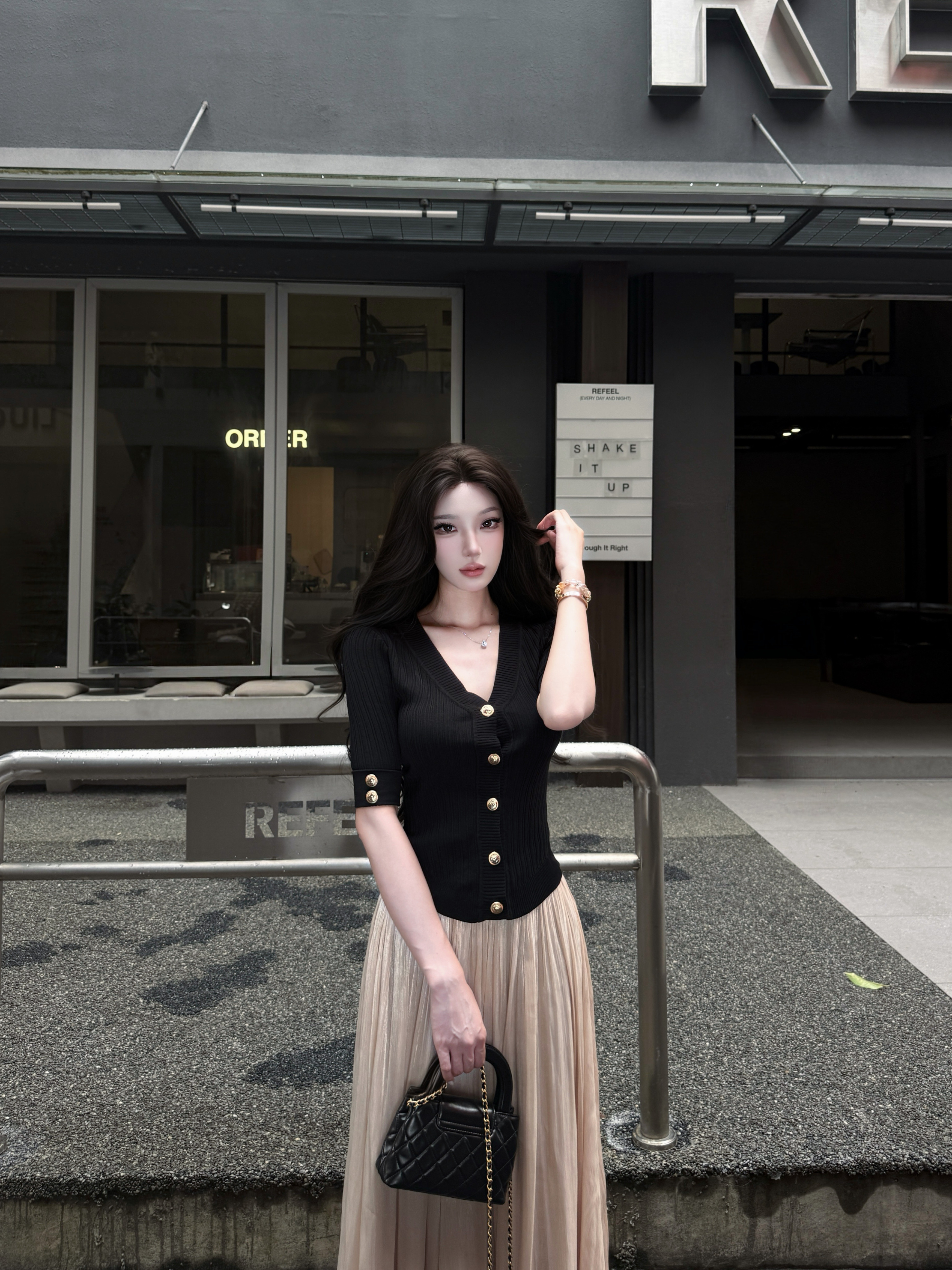 AWMUMU 高智感小香风黑金V领针织衫女名媛风修身显瘦五分袖上衣女