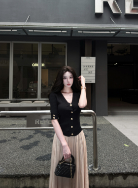 AWMUMU 高智感小香风黑金V领针织衫女名媛风修身显瘦五分袖上衣女