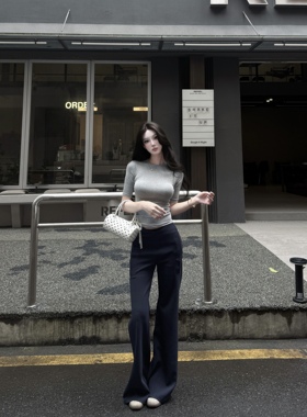 AWMUMU蓝色中高腰宽松垂感拖地辣妹长裤女微喇叭休闲裤女运动裤女